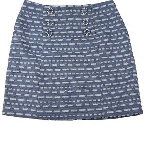 Blue Tweed Boucle Skirt L‎ Statement Embellished Buttons Preppy Old Money